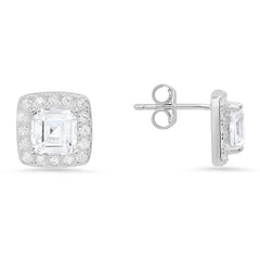 Luxuriously Geometric: Sterling Silver Asscher-Cut Halo Stud Earrings