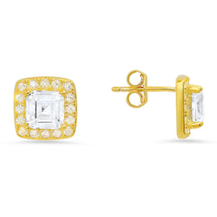 Luxuriously Geometric: Sterling Silver Asscher-Cut Halo Stud Earrings