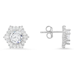 Striking Sterling Silver Hexagon Halo Stud Earrings