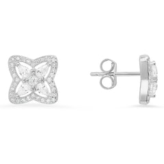 Delicate Sterling Silver Pear-Cut CZ Flower Stud Earrings