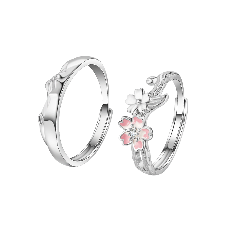 Heartbeat Cherry Blossom Couple Rings