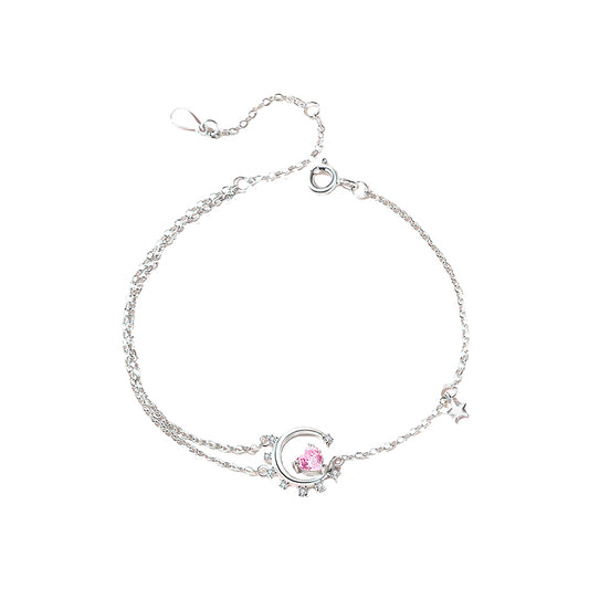 Lunar Love: Sterling Silver Moon and Heart Bracelet (15.5cm + 4cm extender)