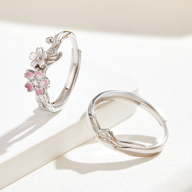 Heartbeat Cherry Blossom Couple Rings
