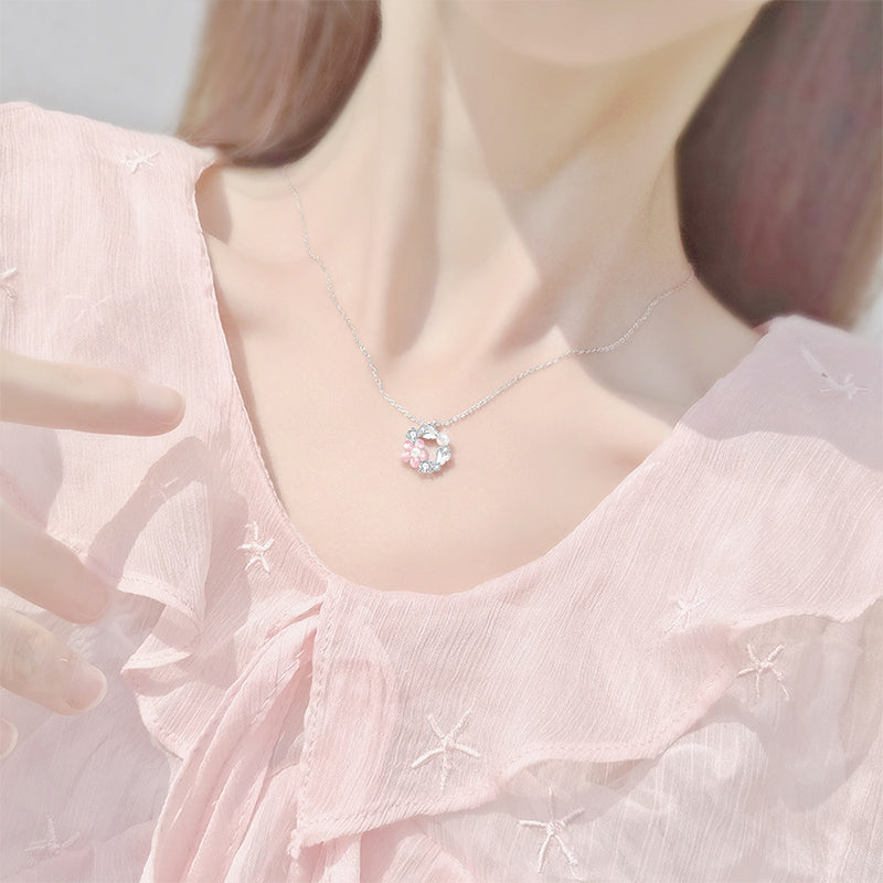 Sparkling Pink Flower Necklace with Pearl in Sterling Silver
