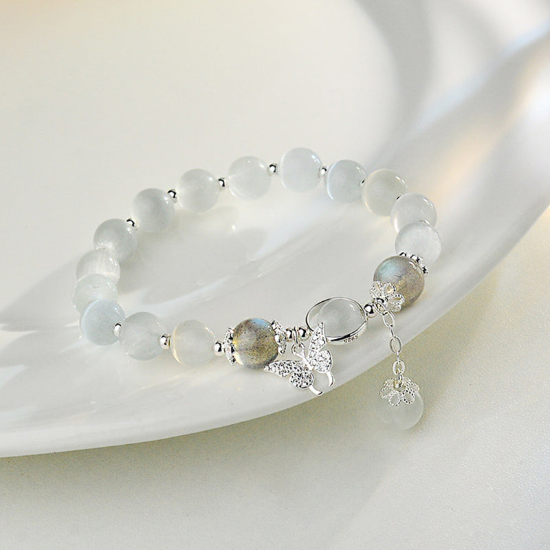 Delicate Butterfly Charm Bracelet with Cat's Eye Stone in Sterling Silver