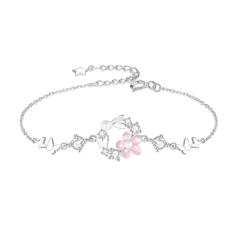 Delicate Pearl and Cubic Zirconia Flower Butterfly Charm Bracelet in Sterling Silver