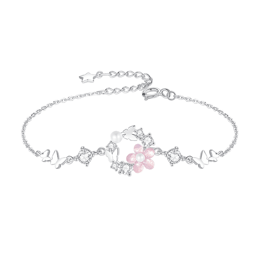 Delicate Pearl and Cubic Zirconia Flower Butterfly Charm Bracelet in Sterling Silver
