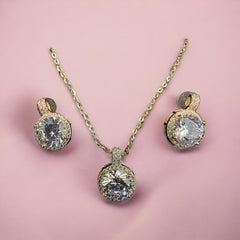 Gilded Elegance: Gold Cubic Zirconia Stud Earrings and Necklace Set in Sterling Silver