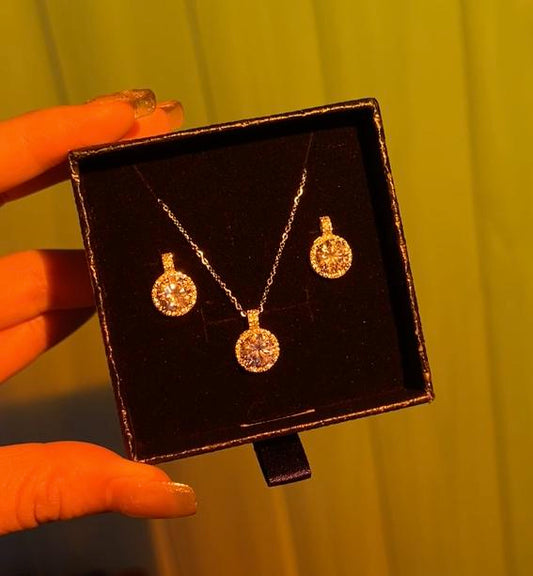 Gilded Elegance: Gold Cubic Zirconia Stud Earrings and Necklace Set in Sterling Silver