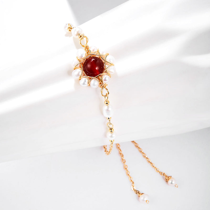 14K Gold Plated Red Agate Freshwater Pearl Bracelet