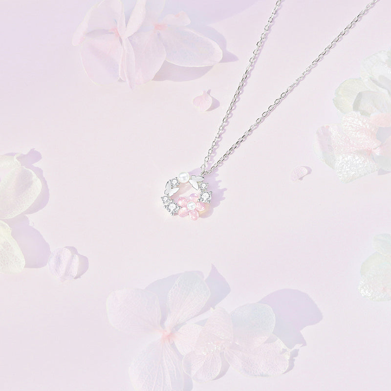 Sparkling Pink Flower Necklace with Pearl in Sterling Silver