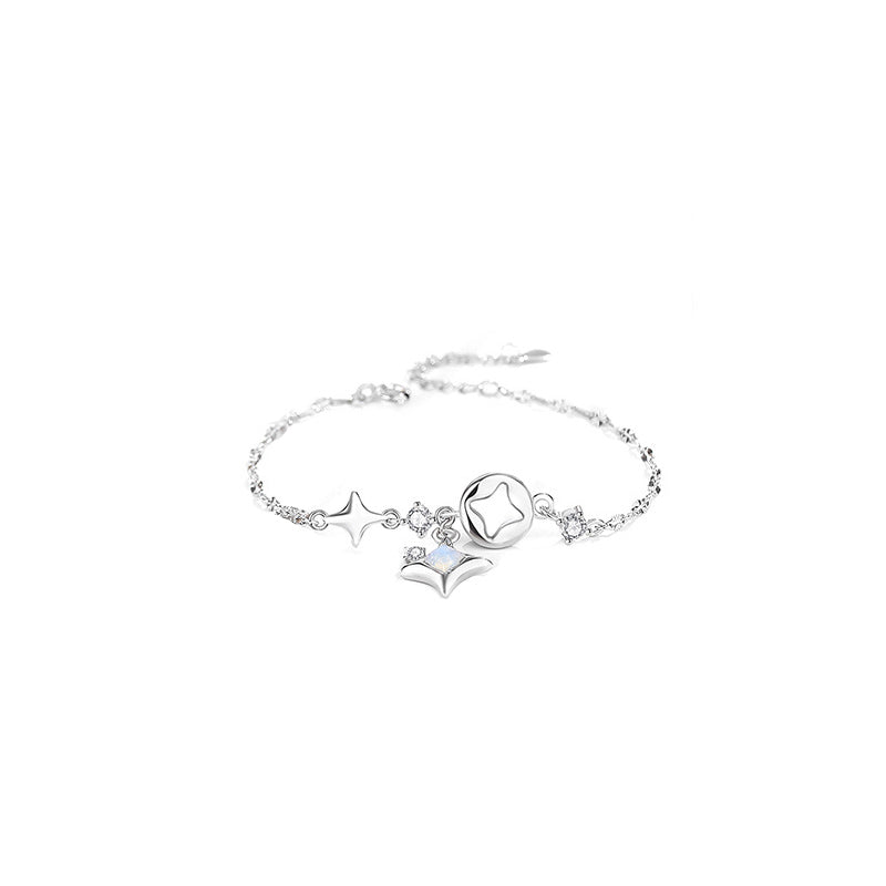 Entwined in Starlight: Sterling Silver Celestial Couple Bracelet Set (Cubic Zirconia & Opal)