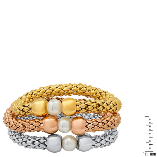 Three-Tone Elegance: Ladies' Tri-Color Stretch Mesh Bracelet Set with Simulated Pearls