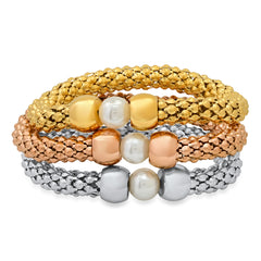 Three-Tone Elegance: Ladies' Tri-Color Stretch Mesh Bracelet Set with Simulated Pearls