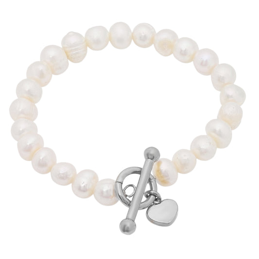 Delicate Charm: Ladies' Freshwater Pearl and Stainless Steel Heart Charm Stretch Bracelet (White or Gold)