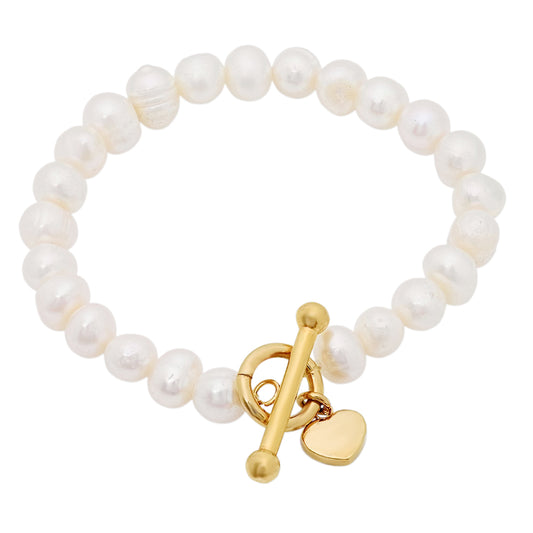 Delicate Charm: Ladies' Freshwater Pearl and Stainless Steel Heart Charm Stretch Bracelet (White or Gold)