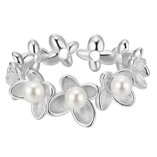 Delicate Delight: Silver Camellia Bloom Pearl Ring with Wide Open Band