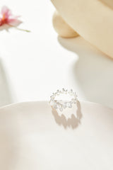 Delicate Delight: Silver Camellia Bloom Pearl Ring with Wide Open Band