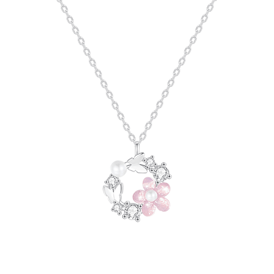 Sparkling Pink Flower Necklace with Pearl in Sterling Silver 800