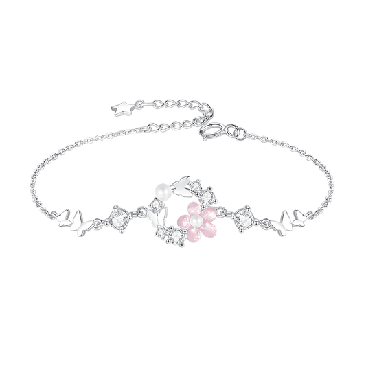 Delicate Pearl and Cubic Zirconia Flower Butterfly Charm Bracelet in Sterling Silver 800