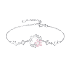 Delicate Pearl and Cubic Zirconia Flower Butterfly Charm Bracelet in Sterling Silver